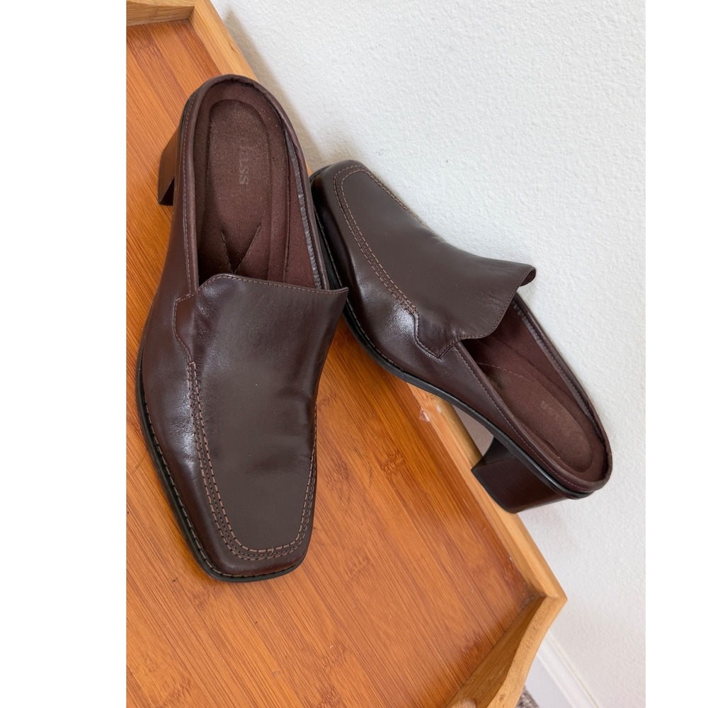 Bass Ceecee Brown Leather Square Toe Block Heel Mules 9.5M 621020A-206 Preppy - Picture 12 of 16